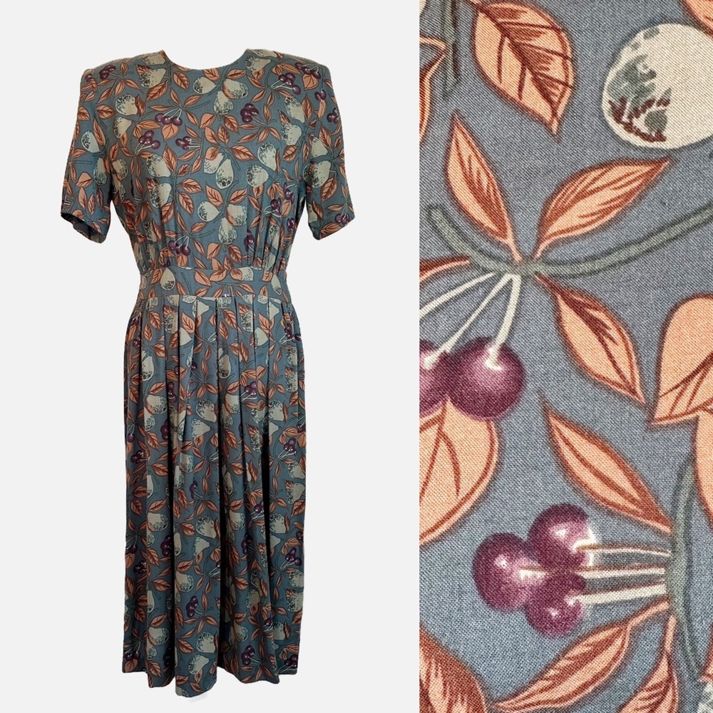 SOLD! Vintage 80's Karin Stevens Green Fruit Pleated A-Line Midi Dress 8 Petite - Picture 1 of 16